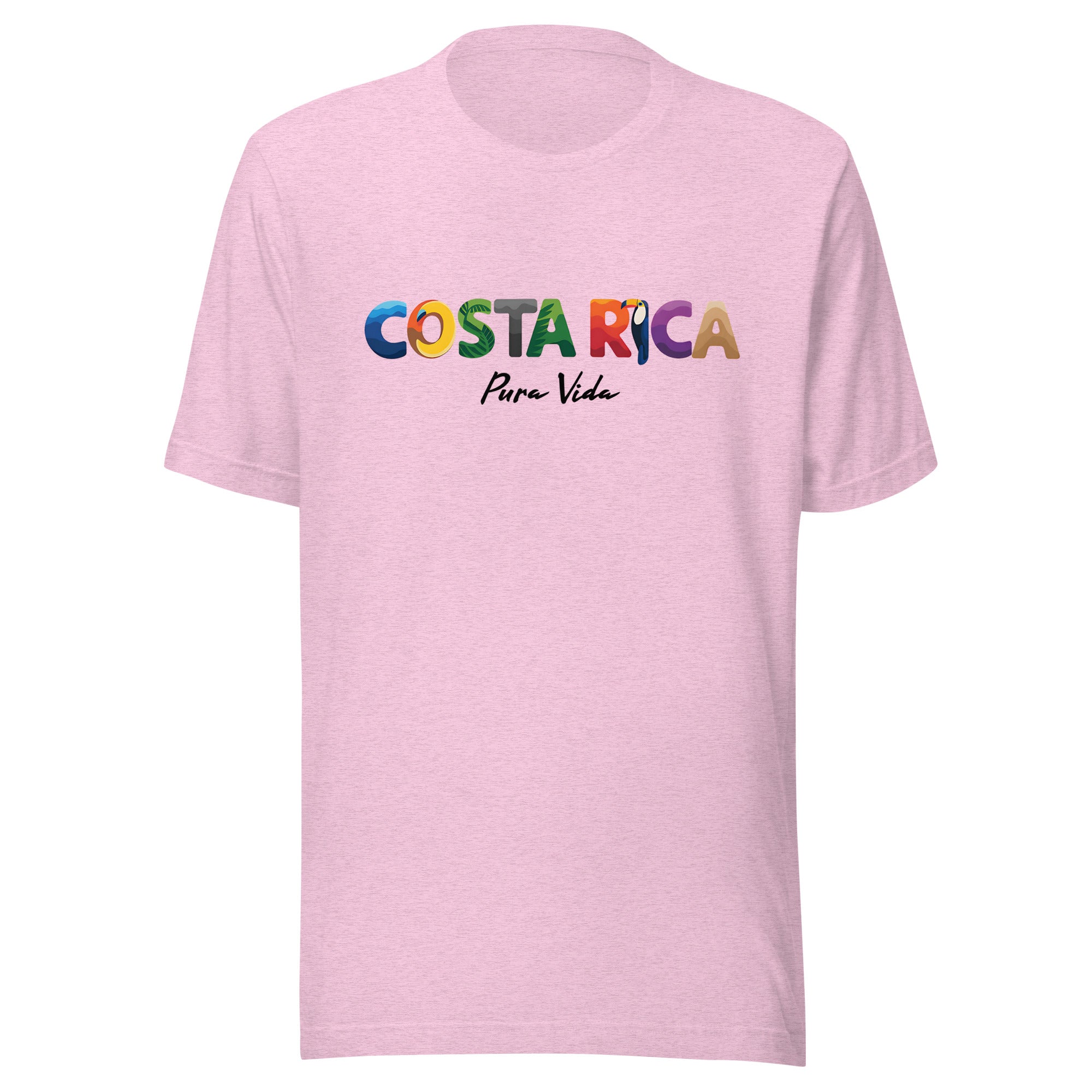 T-shirt con diseño colorido del país Costa Rica con texto “Costa Rica – Pura Vida”.